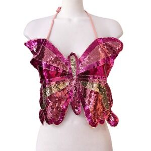 Y2K Sequin Butterfly Halter Crop Top Fairycore Rave Festival XS Nastygal Viral